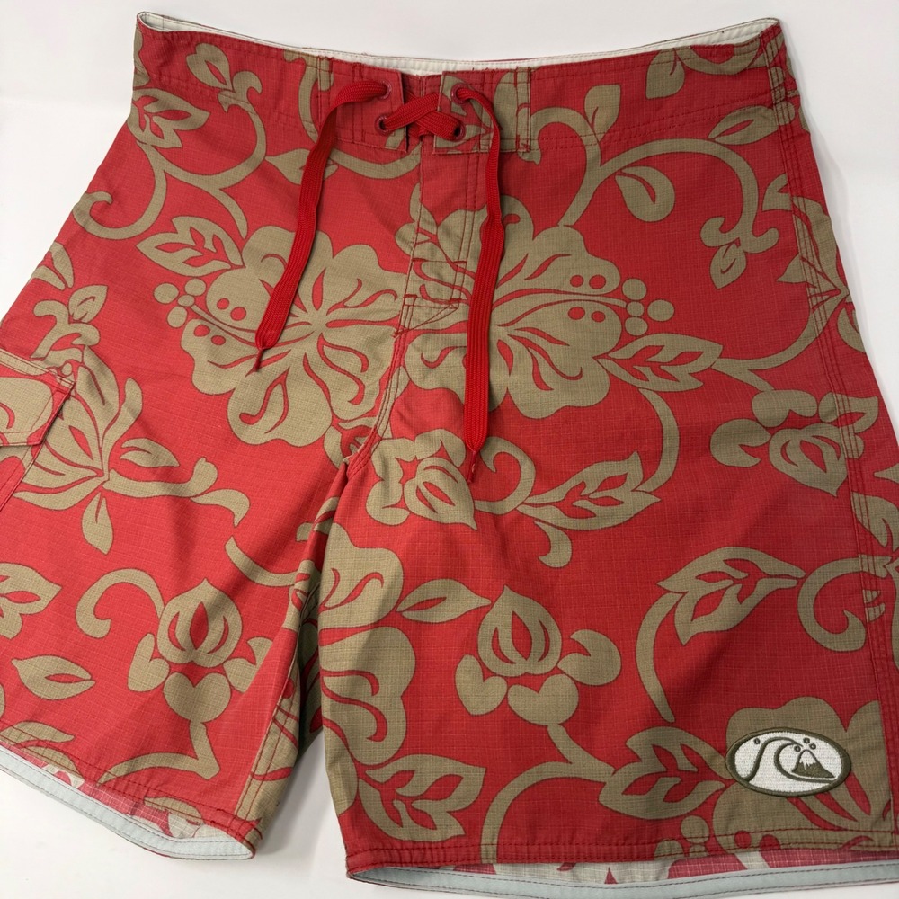 Y2K Quiksilver Edition Mens Red Hibiscus Floral Board Shorts Size 33 L501378